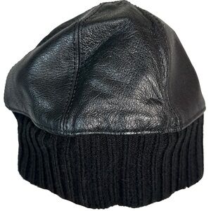 Black Leather Knit Beanie ribbed cuff rocker gothic biker edgy winter hat small